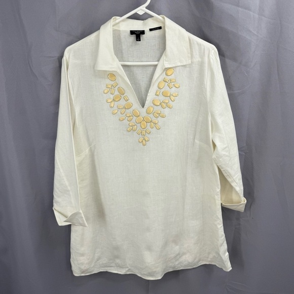 Talbots Woman Size X Ivory 100% Irish Linen Beaded Tunic Top 3/4 Sleeve - Picture 1 of 8